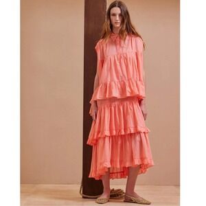 NWT Devotion Twins Coral Kate Layered Midi Dress Cotton Tiered 2 Piece Small